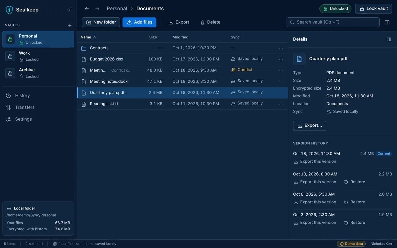 The Sealkeep app with a vault unlocked: a Documents folder, and the details and version history of one file.