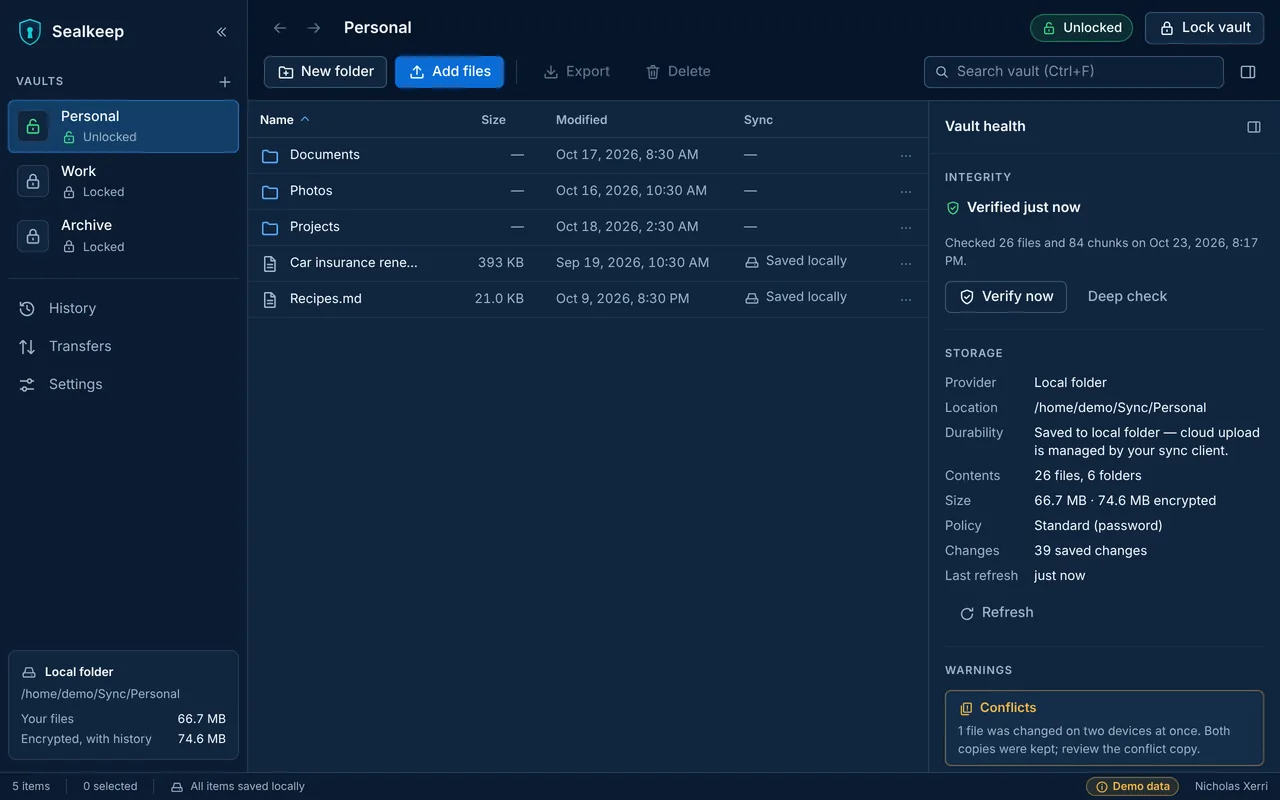 The vault health panel in Sealkeep: verified just now, storage details and a warning about one conflicting file.
