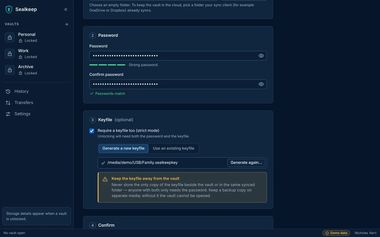 Creating a vault in Sealkeep: a strong password, and a keyfile saved to a USB stick, with a warning to keep it away from the vault.