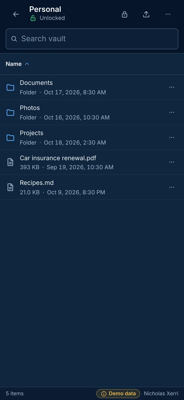Sealkeep on a phone, showing the files in an unlocked vault.